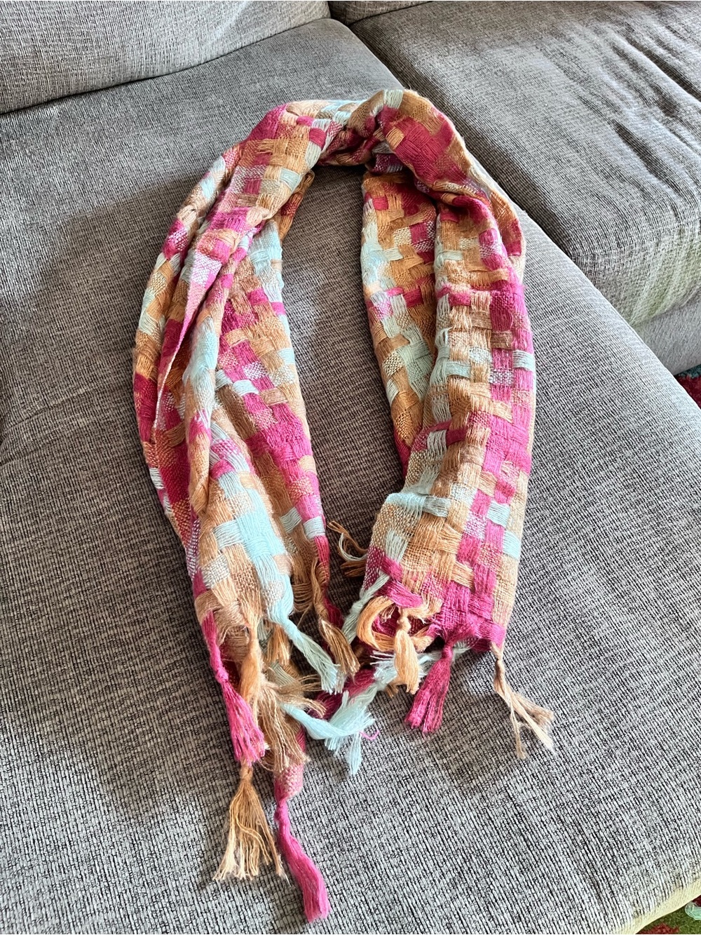 Woven Check Multicolor Scarf - Pink, Tan & Light Blue